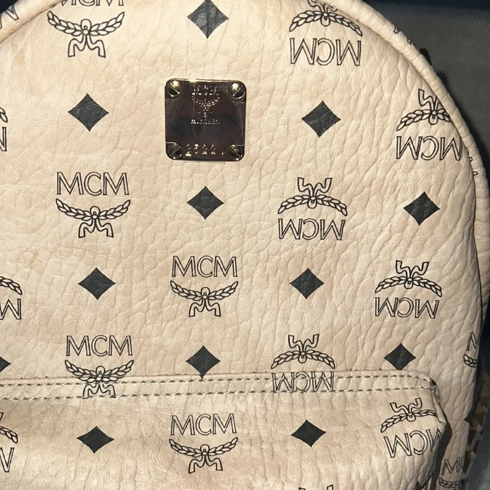 MCM Beige and Black Logo Backpack